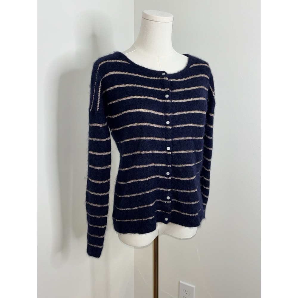La Maille Sezane Mohair Alpaca Bld Blue Gold Stripe Cardigan Sweater Sz S Italy - Picture 2 of 6